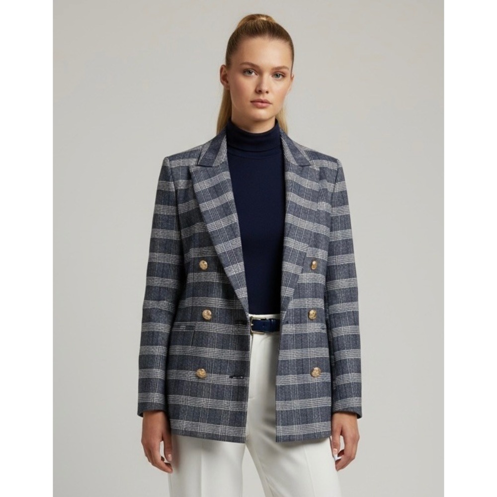 Banana Republic Plaid Double Breasted Blazer Size 14 Navy Blue Gold Button Coat